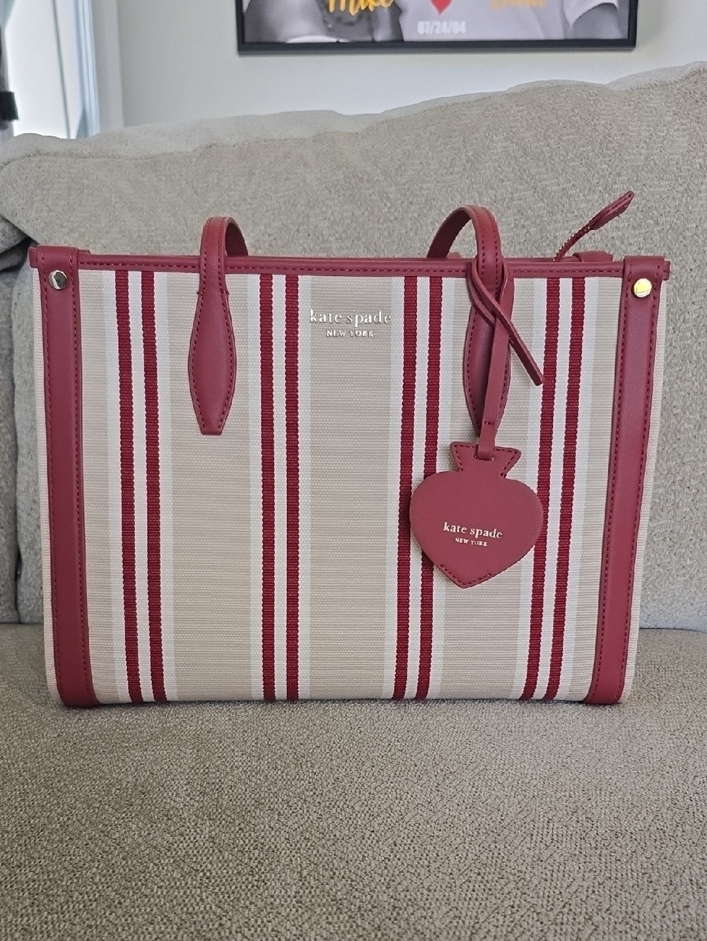Kate Spade Market Sam Red Cream Striped Shoulder Handbag